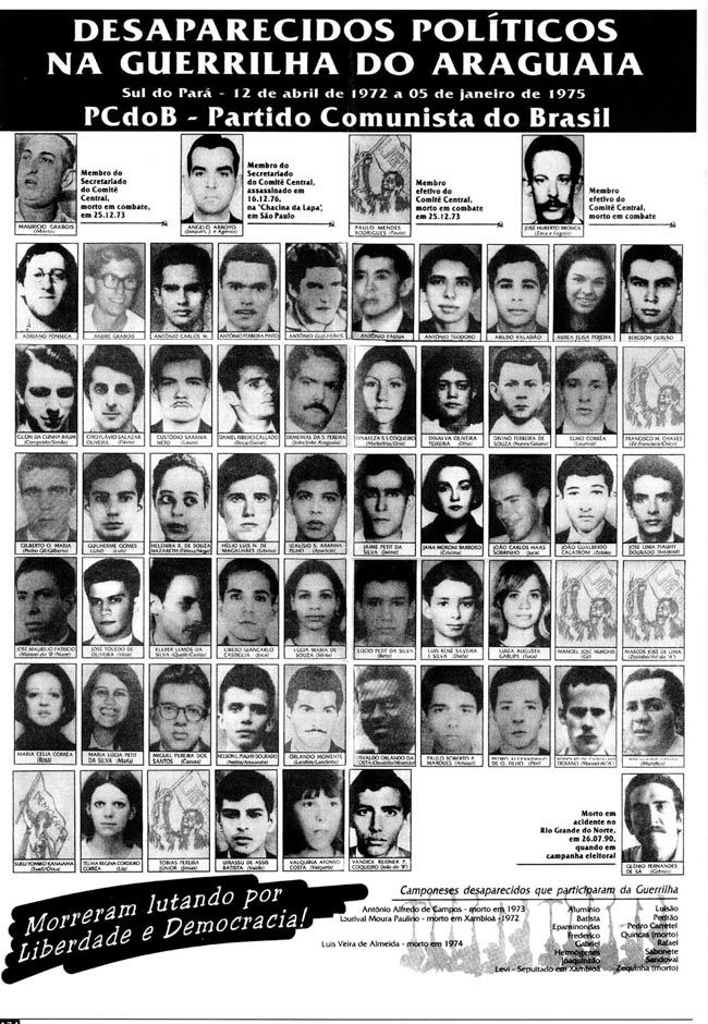 Cartaz do PCdoB homenageia guerrilheiros e camponeses que desapareceram na região do Araguaia - Foto: Reprodução